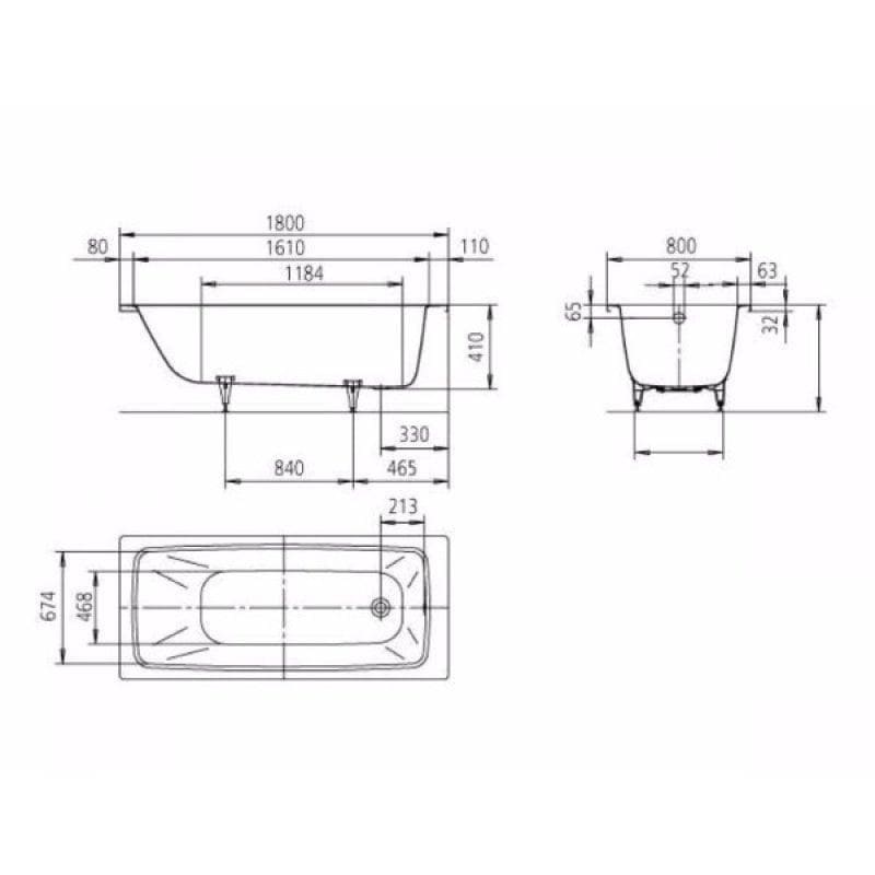 Kaldewei Single Ended Bath 1800mm x 800mm / 0 Kaldewei Cayono Single Ended Steel Bath with Leg Set