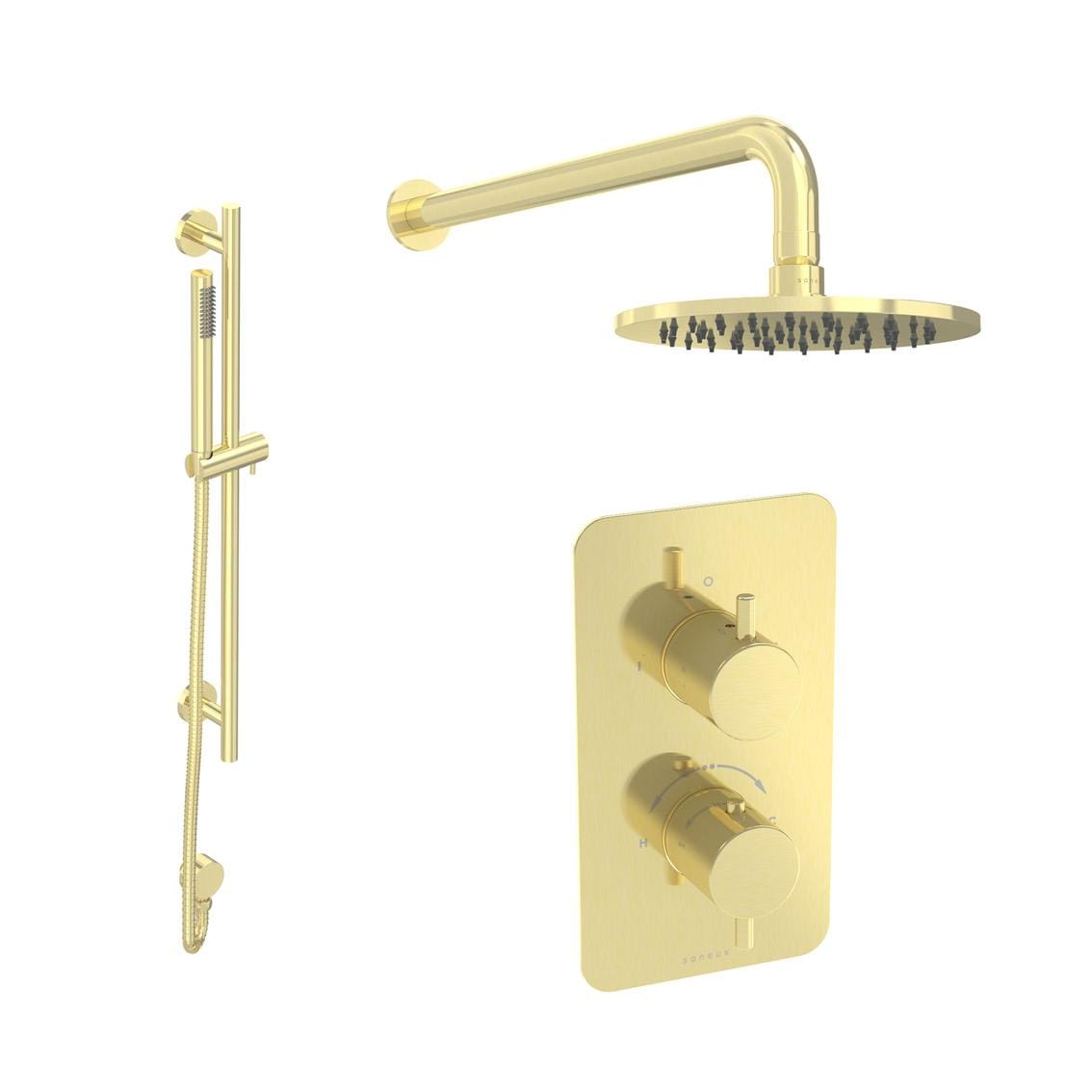 Saneux Concealed Shower Set Brushed Brass Saneux COS 2 Outlet, 2 Handle Concealed Shower Valve Kit with Pencil Handset, Shower Head and Slider Rail