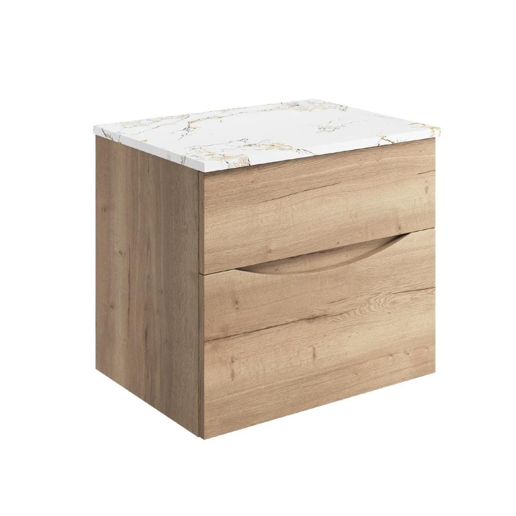 Crosswater Wall Mounted Vanity Unit Windsor Oak / Gold Vein Estatuario / 600mm Crosswater Glide II 2 Drawer Vanity Unit with Worktop