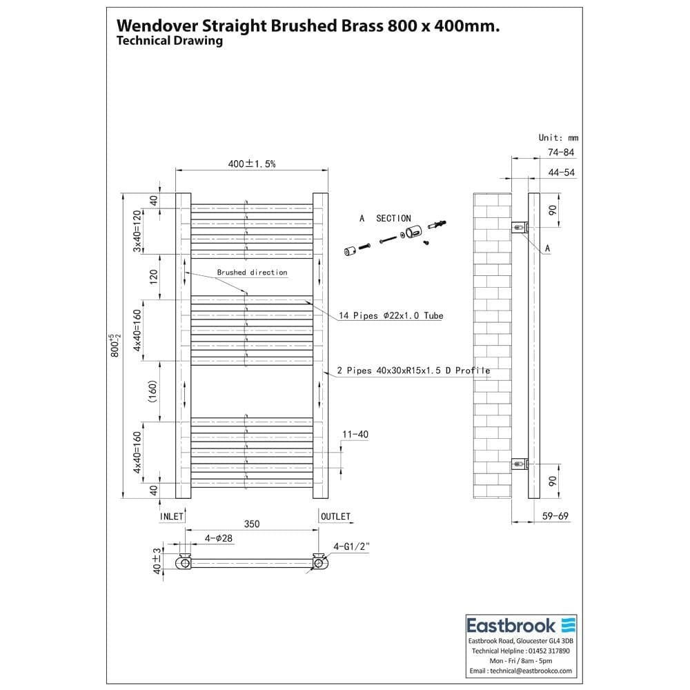 Eastbrook Wendover Straight Heated Towel Rail in Brushed Brass