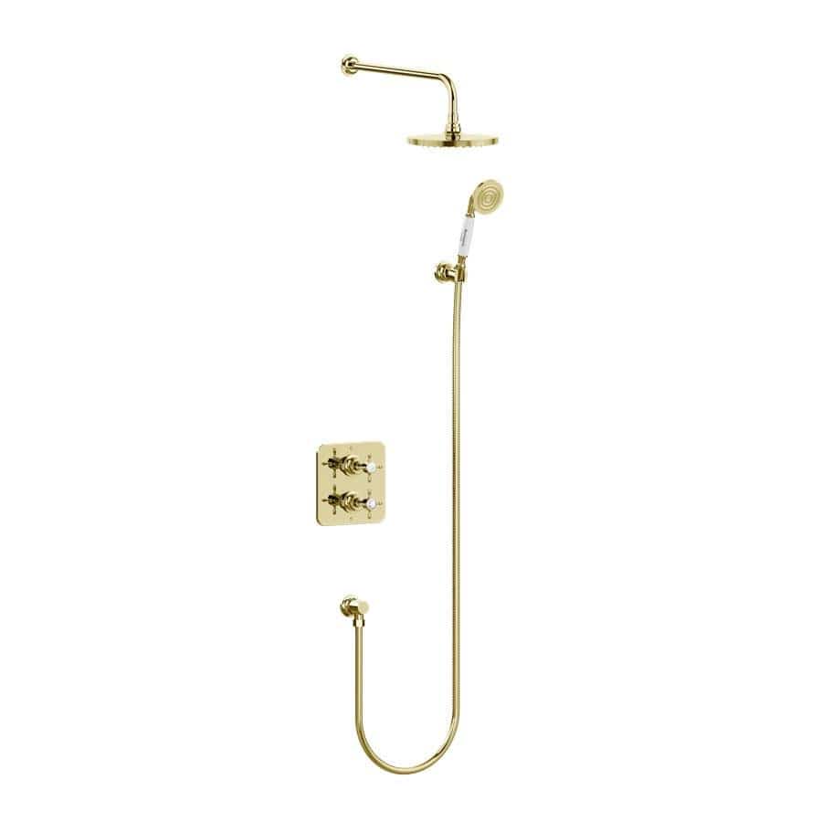 Burlington Concealed Shower Set Gold Burlington Guild Square 1 Outlet, 2 Handle Concealed Thermostatic Shower Valve with Fixed Shower Arm & Head, Holder & Handset with Hose & Outlet Elbow