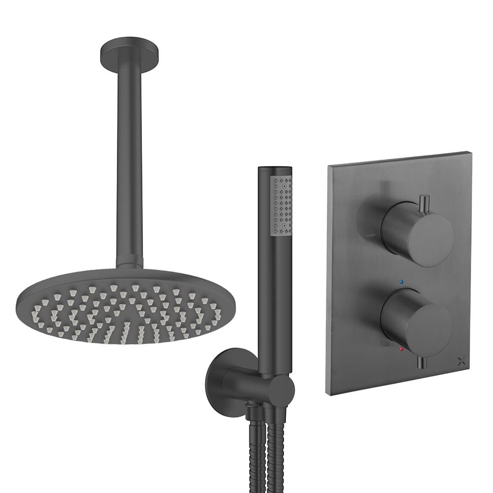 UK Bathroom Store Concealed Shower Set Slate / Ceiling Arm / 200mm Crosswater Crossbox Shower Set 3 - 2 Outlet with Pencil Handset and Fixed Overhead Shower