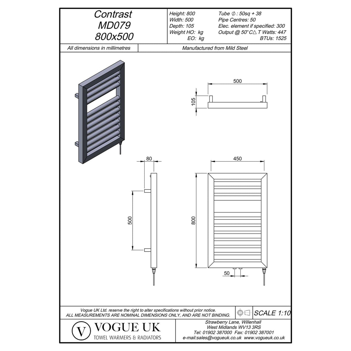 Vogue Designer Towel Radiators 800 x 500 / Central Heating Vogue Contrast Designer Towel Radiator in Matt Black
