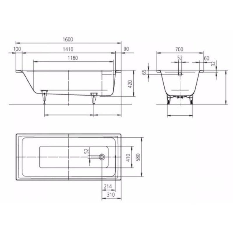 Kaldewei Single Ended Bath 1600 x 700mm / 2 Kaldewei Puro Single Ended Steel Bath with Leg Set