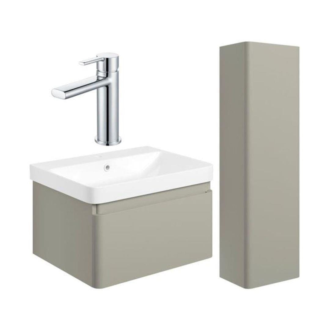 Aquarius Wall Mounted Vanity Unit Matt Latte / Chrome Aquarius Sophie 605mm Vanity Unit and Tall Boy Set with Finishes