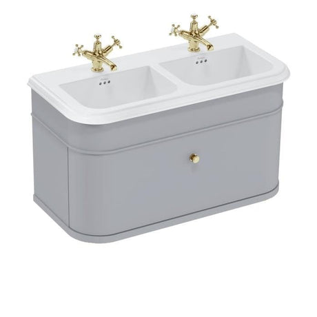 Burlington Double Sink Vanity Unit Classic Grey / Ceramic Basin - 3 Tap Hole / Gold Burlington Chalfont 1000mm Wall Mounted Single Drawer Vanity Unit with Double Basin