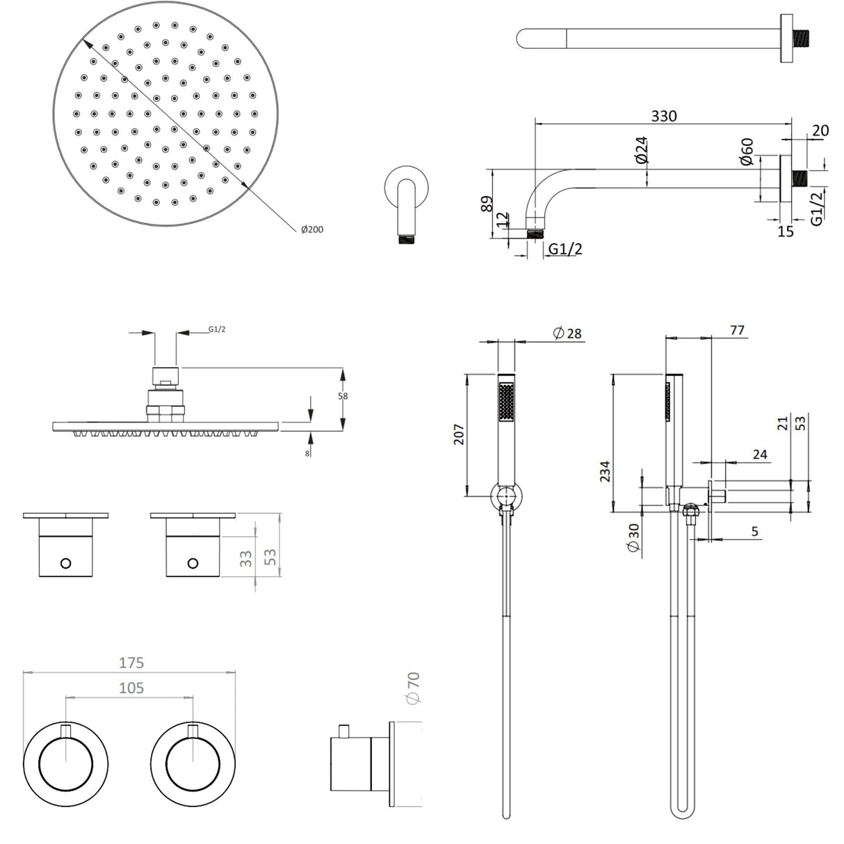 UK Bathroom Store Concealed Shower Set Crosswater Module Shower Set 1 with Fixed Head and Pencil Handset