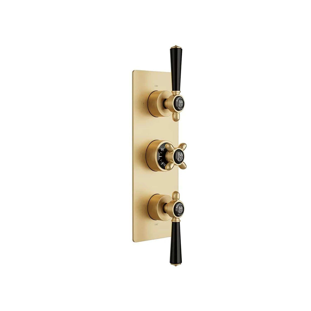 Vado Concealed Shower Valve Brushed Brass/Black Booths & Co. Axbridge 2 Outlet, 3 Handle Concealed Thermostatic Shower Valve