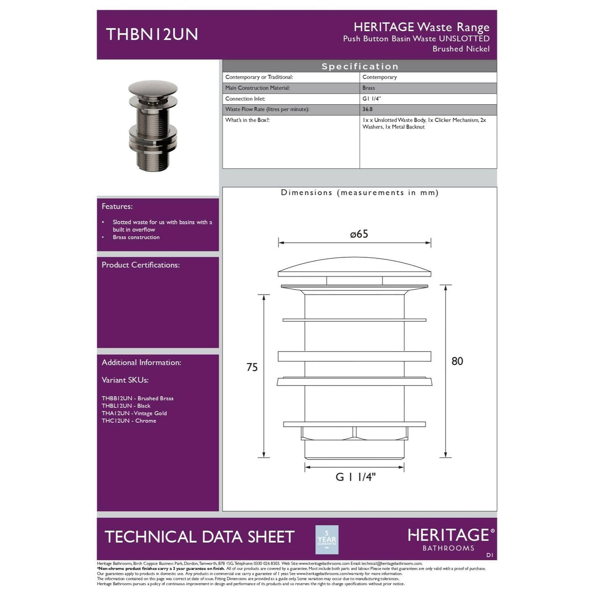 Heritage Basin Waste Heritage Unslotted Clicker Basin Waste