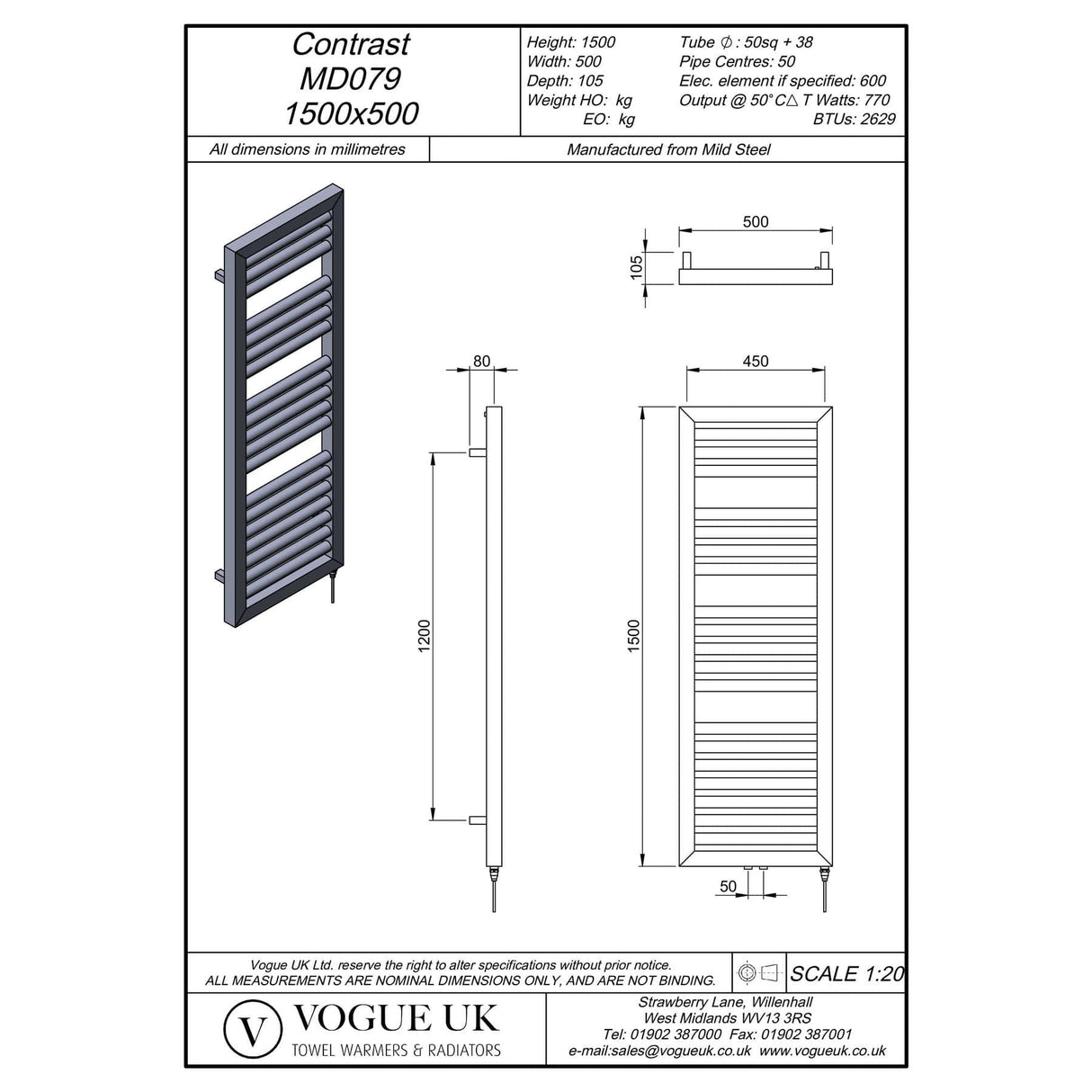 Vogue Designer Towel Radiators 1500 x 500 / Central Heating Vogue Contrast Designer Towel Radiator in Matt Black