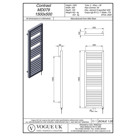 Vogue Designer Towel Radiators 1500 x 500 / Central Heating Vogue Contrast Designer Towel Radiator in Matt Black