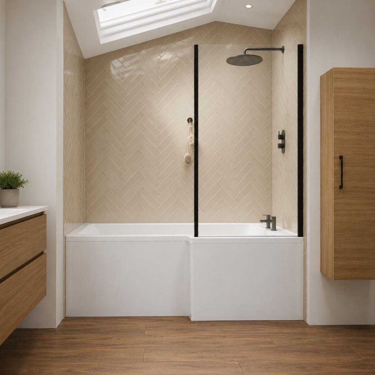 Aquarius Bathrooms L-Shaped Shower Bath Matt Black / 1500 x 850mm / Right Aquarius Urbano L-Shape Square Shower Bath Pack with Screen and Panel