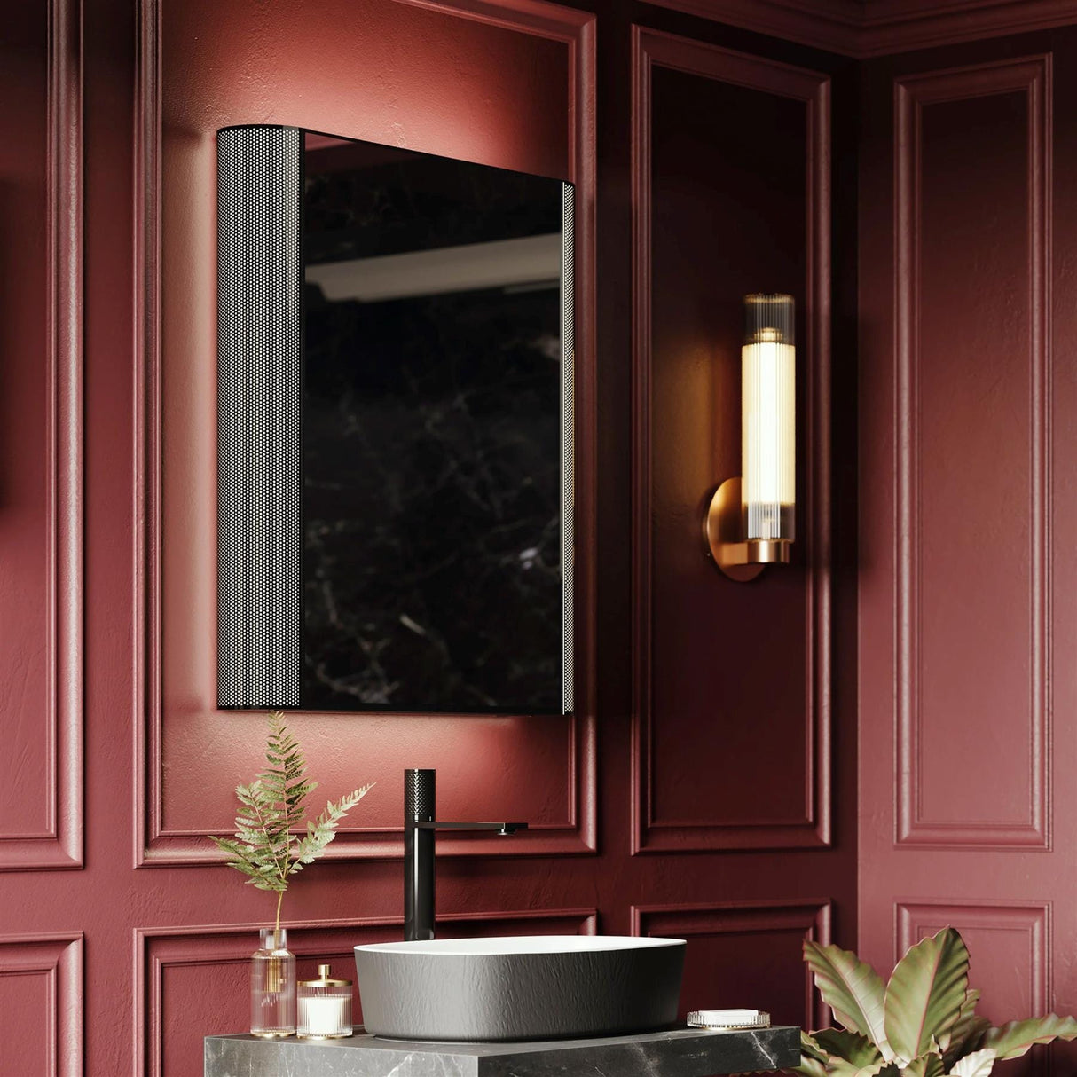 HiB Mirrored Cabinet Black Chrome / 600 x 700mm HiB Bastille Mesh LED Mirror Cabinet