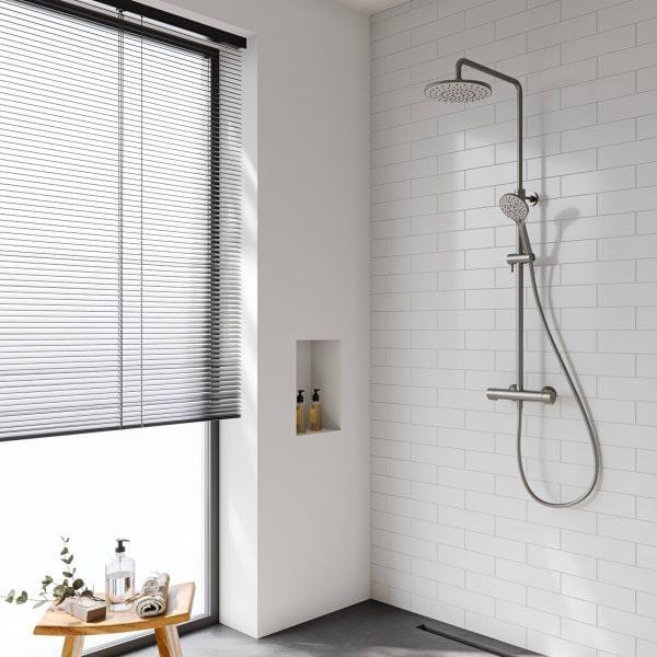 Flova Exposed Shower Set Brushed Nickel Flova Linea Exposed Thermostatic Shower Valve Set with Adjustable Riser, Rainshower Head and Handset