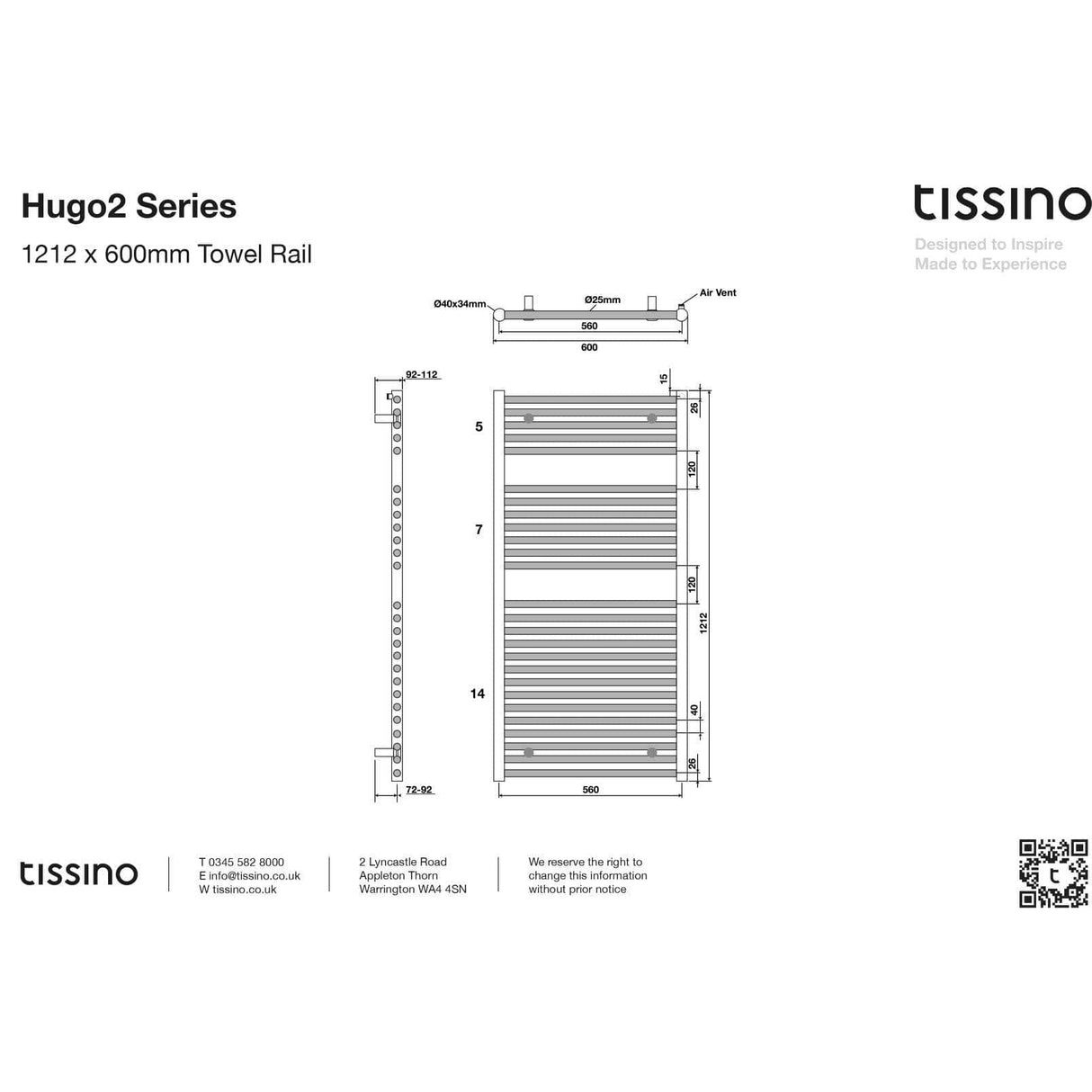 Tissino Ladder Rails Tissino Hugo2 Towel Radiator - 1212 x 600mm - Chrome - Central Heating