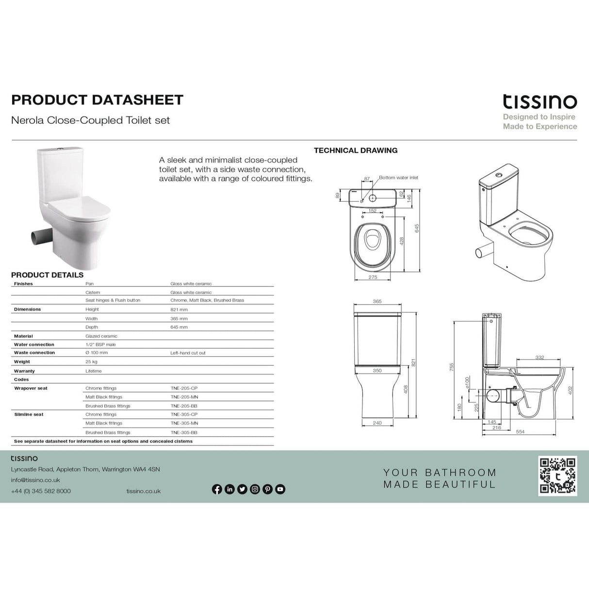 Tissino Close Coupled Toilet Tissino Nerola Rimless Closed Coupled Toilet - Right or Left Soil Exit - with Soft Close Wrapover Seat