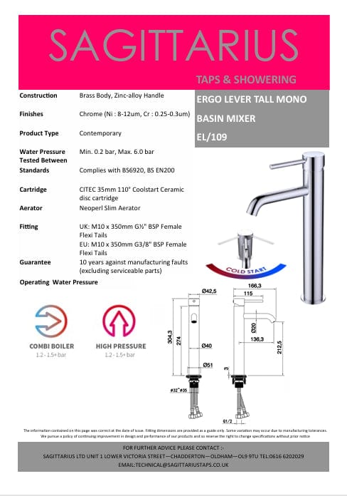 Sagittarius Tall Basin Tap Sagittarius Ergo Tall Mono Basin Mixer Tap with Sprung Waste