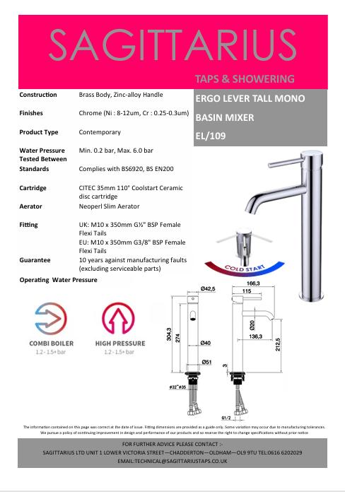 Sagittarius Tall Basin Tap Sagittarius Ergo Tall Mono Basin Mixer Tap with Sprung Waste