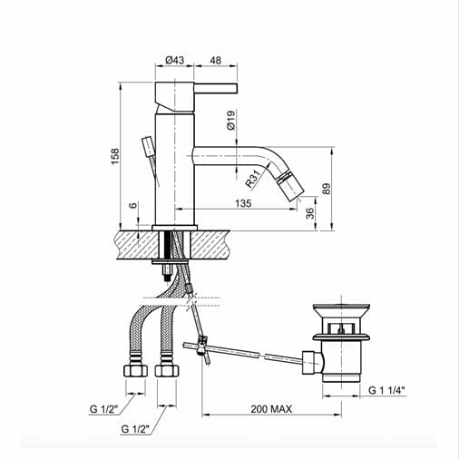 JTP Bidet Tap JTP Inox Stainless Steel Single Lever Bidet Mixer Tap with Pop-Up Waste