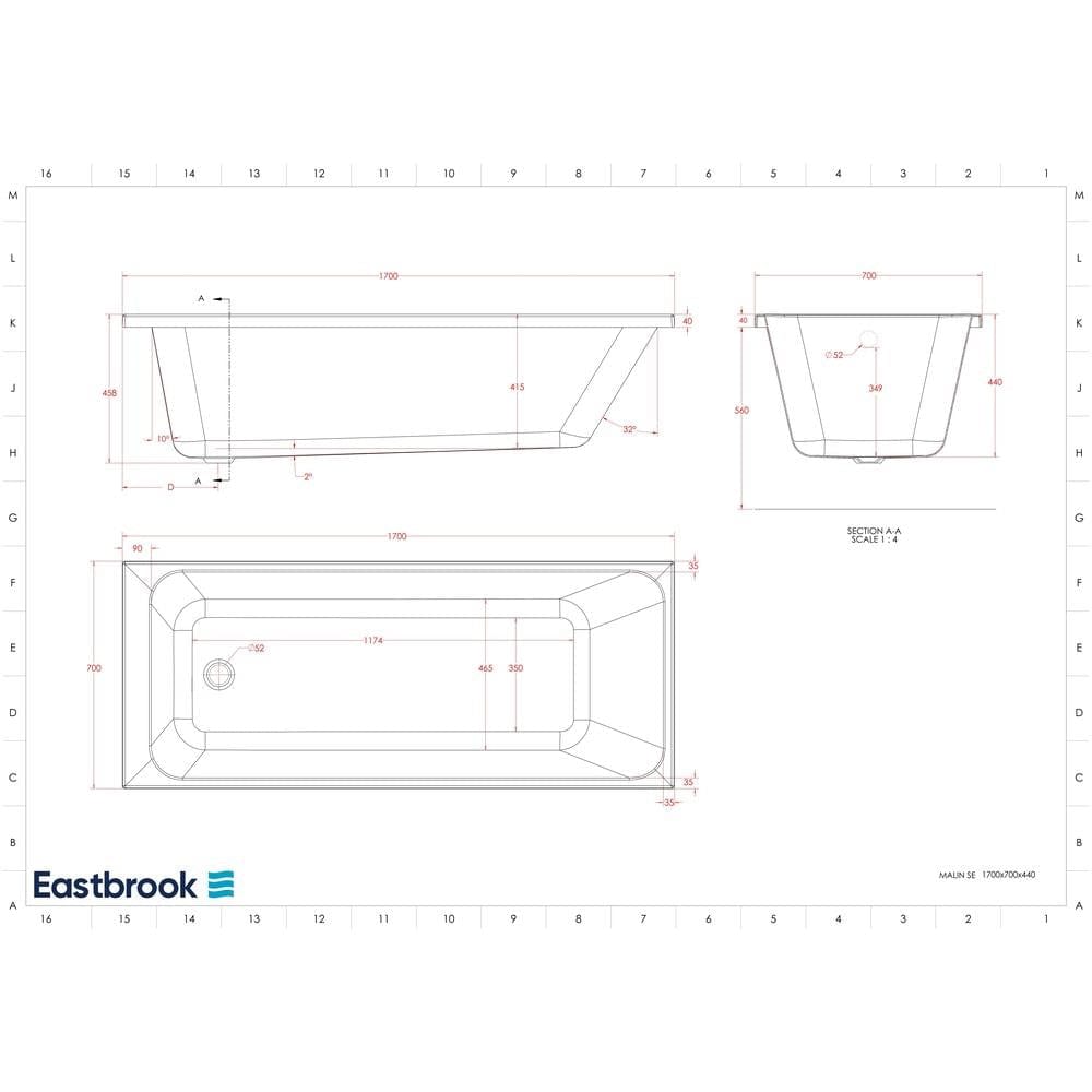 Eastbrook Single Ended Bath 1700 x 800 / 5mm Eastbrook Malin Single Ended Bath