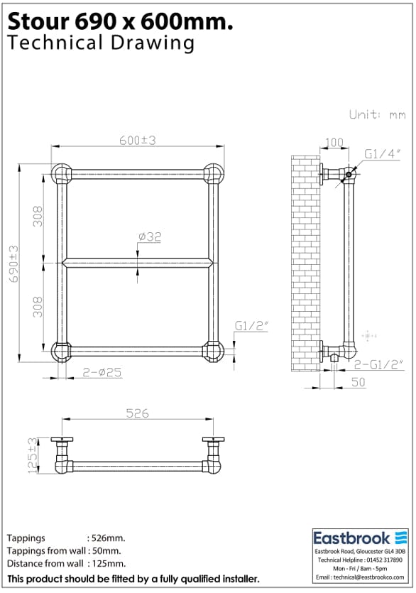 Eastbrook Traditional Towel Rail Eastbrook Stour Vertical Traditional Heated Towel Rail in Brushed Brass