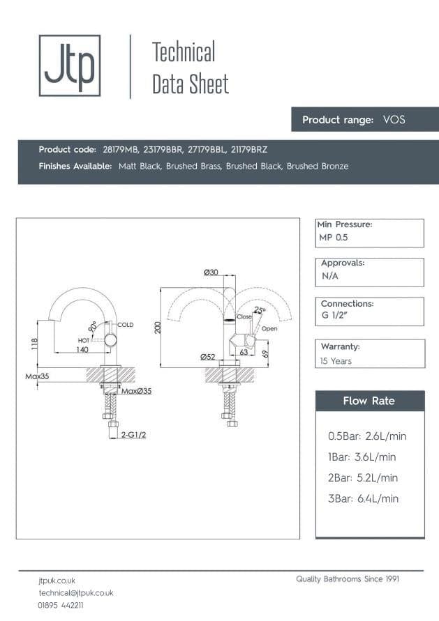 JTP Mono Basin Tap JTP VOS Side Lever Basin Mixer Tap