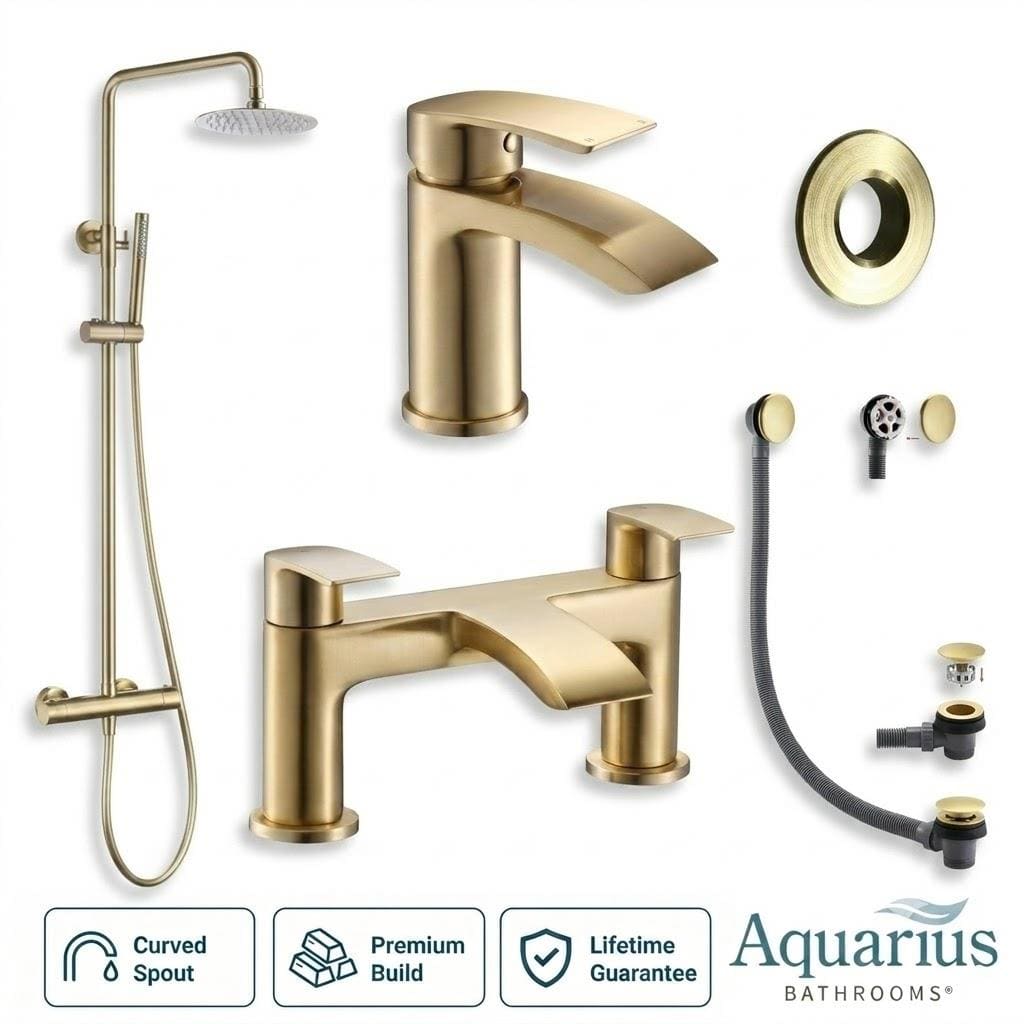 Aquarius Bathrooms Exposed Shower Set Brushed Brass Aquarius Arc Complete Brassware Pack with Bath and Basin Tap and Exposed Shower