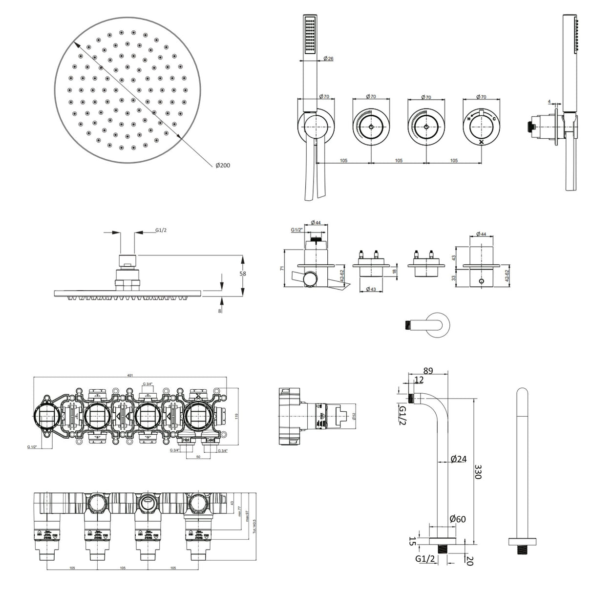 UK Bathroom Store Concealed Shower Set Crosswater Module Shower Set 8 - 2 Outlet with Pencil Handset and Overhead Shower