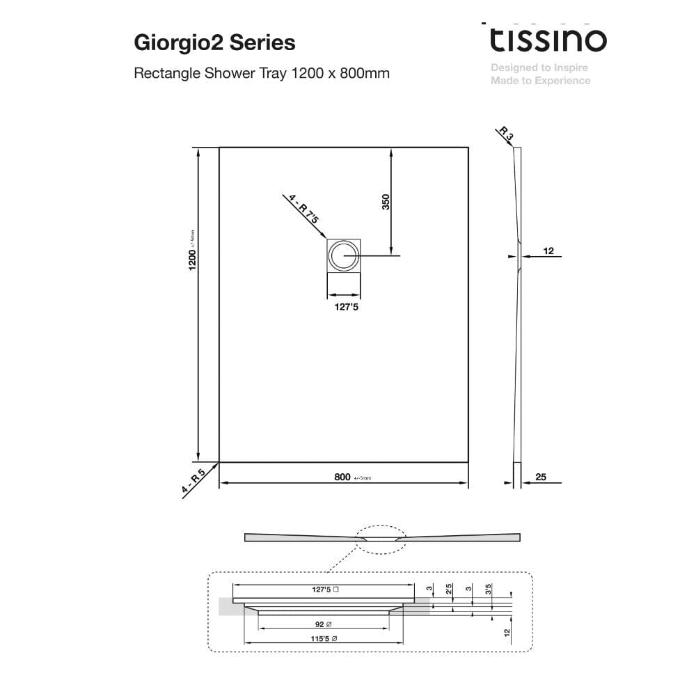Tissino Rectangle Shower Tray 1200 x 800mm Tissino Giorgio2 Rectangle Shower Tray in Black Slate