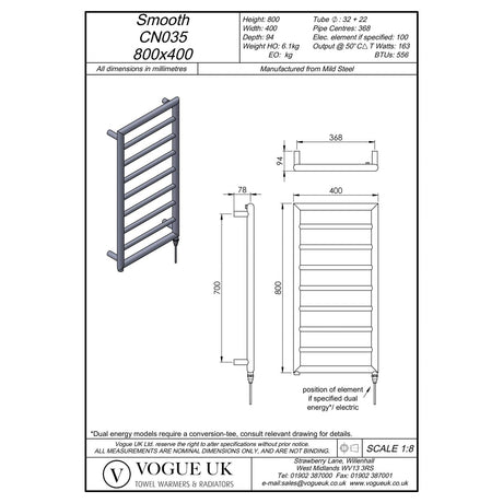 Vogue Designer Towel Radiator 800 x 400 / Central Heating Vogue Smooth Straight Vertical Designer Towel Rail in Chrome