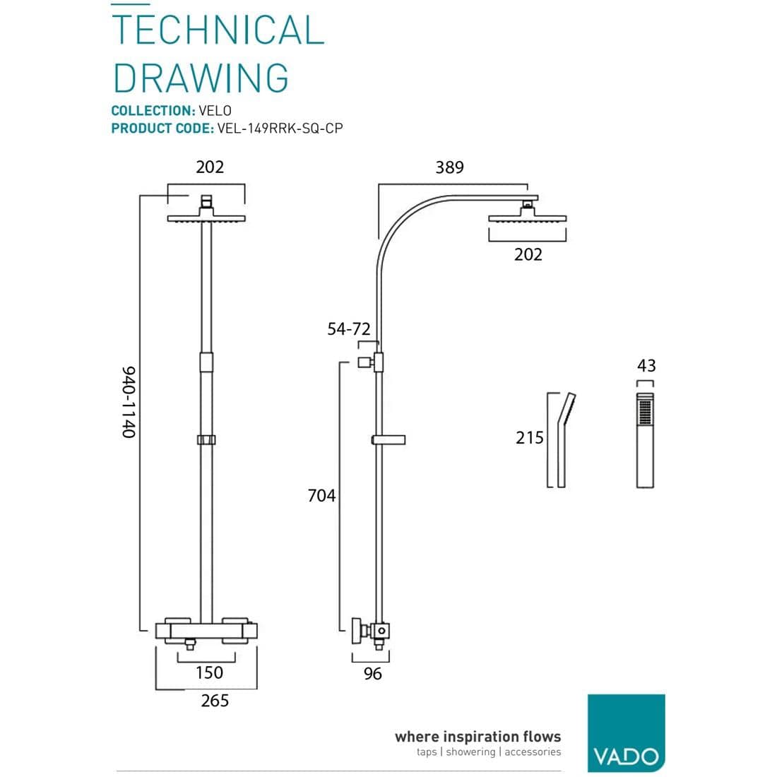 VADO Exposed Shower Set Vado Velo Square Thermostatic Adjustable Shower Column in High Polished Chrome