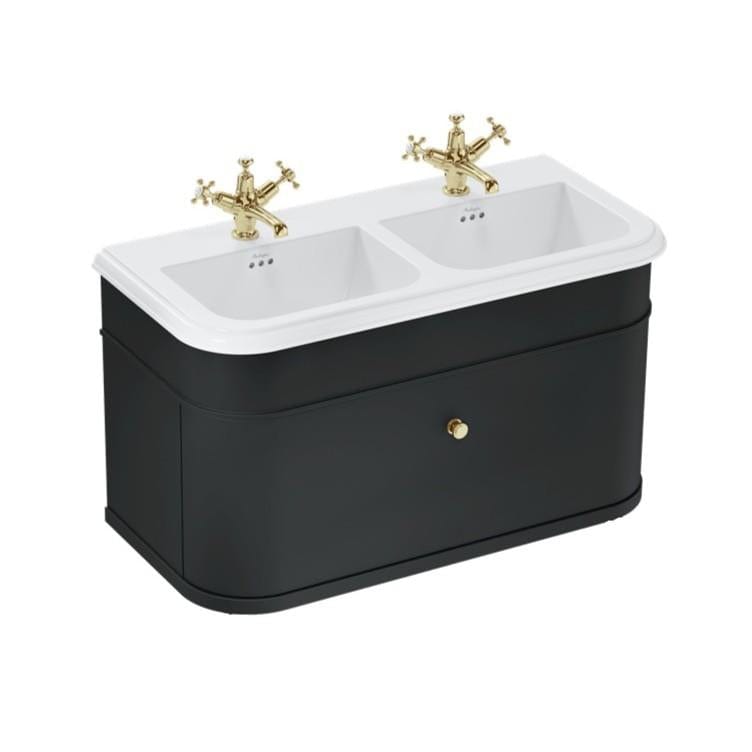 Burlington Double Sink Vanity Unit Matt Black / Ceramic Basin - 1 Tap Hole / Gold Burlington Chalfont 1000mm Wall Mounted Single Drawer Vanity Unit with Double Basin