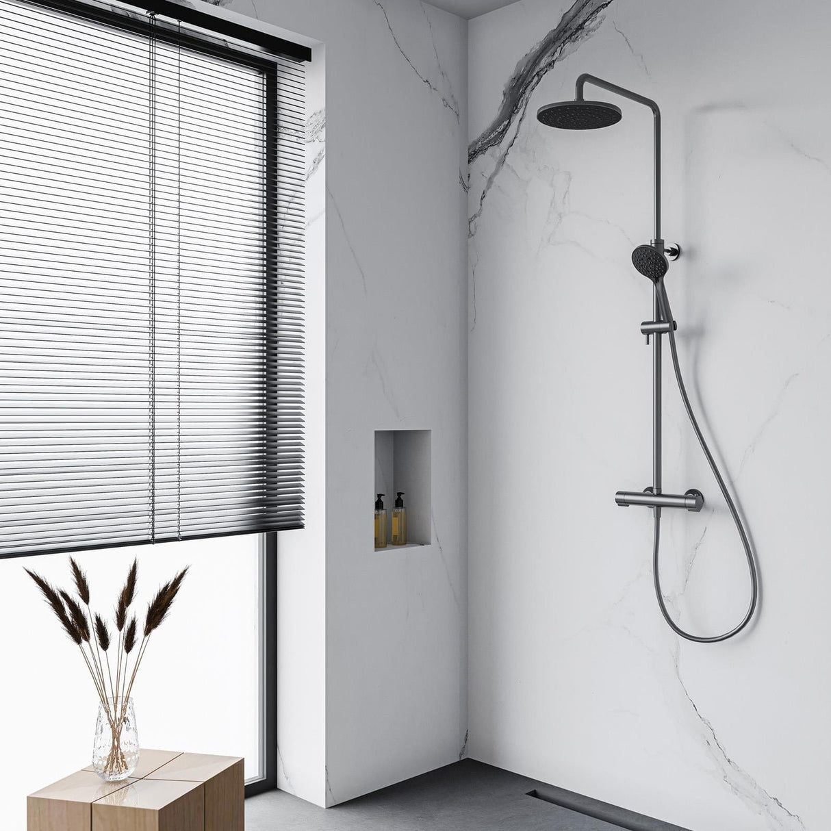 Flova Exposed Shower Set Gun Metal Flova Linea Exposed Thermostatic Shower Valve Set with Adjustable Riser, Rainshower Head and Handset