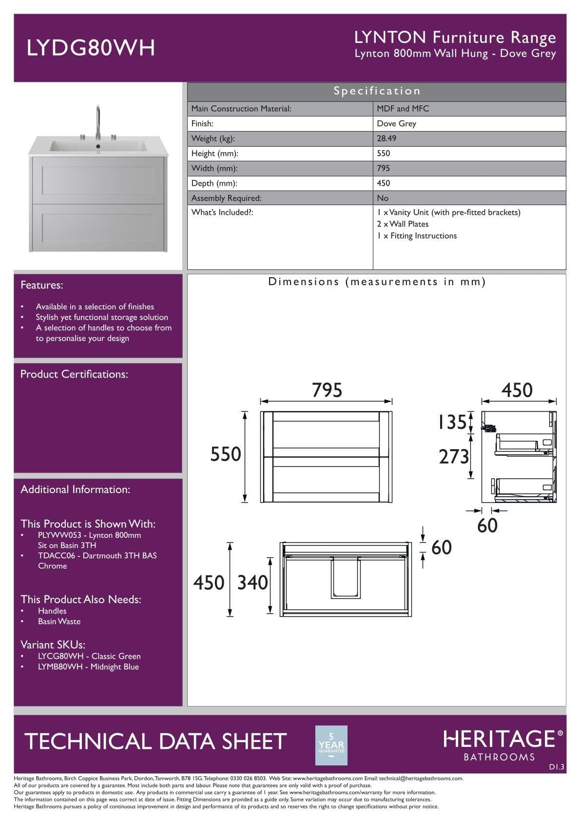 Heritage Wall Mounted Vanity Unit Heritage Lynton 600mm Wall Mounted Vanity Unit with Basin