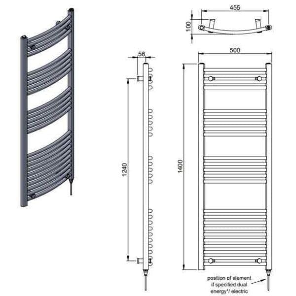 Vogue 1400 x 500 / Central Heating Vogue Combes Curved Ladder Towel Rail in Chrome