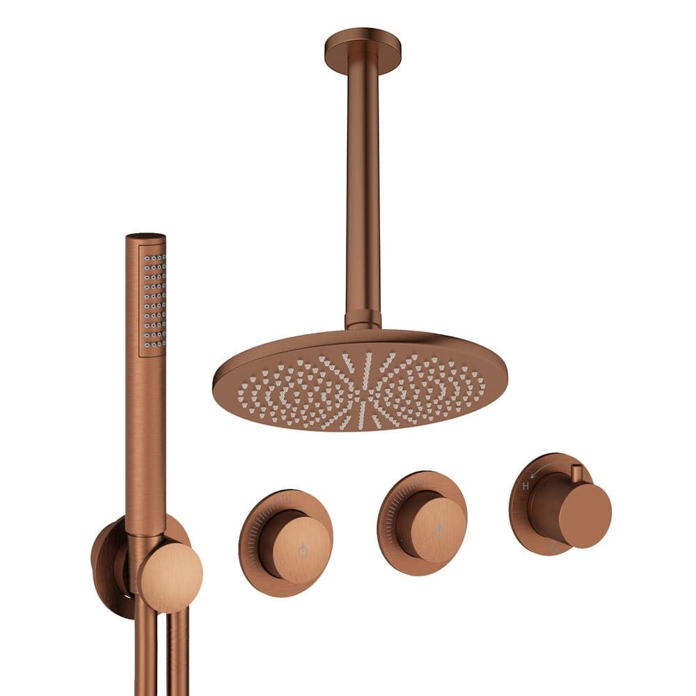 UK Bathroom Store Concealed Shower Set Brushed Bronze / Ceiling Arm / 300mm Crosswater Module Shower Set 8 - 2 Outlet with Pencil Handset and Overhead Shower