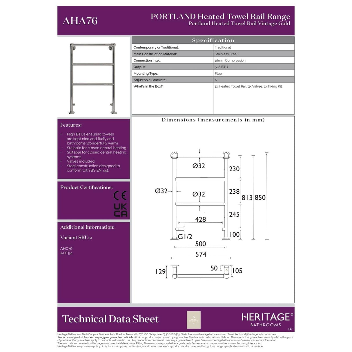 Heritage Traditional Towel Radiator Heritage Portland Traditional Floor Mounted Heated Towel Rail - 850 x 575mm
