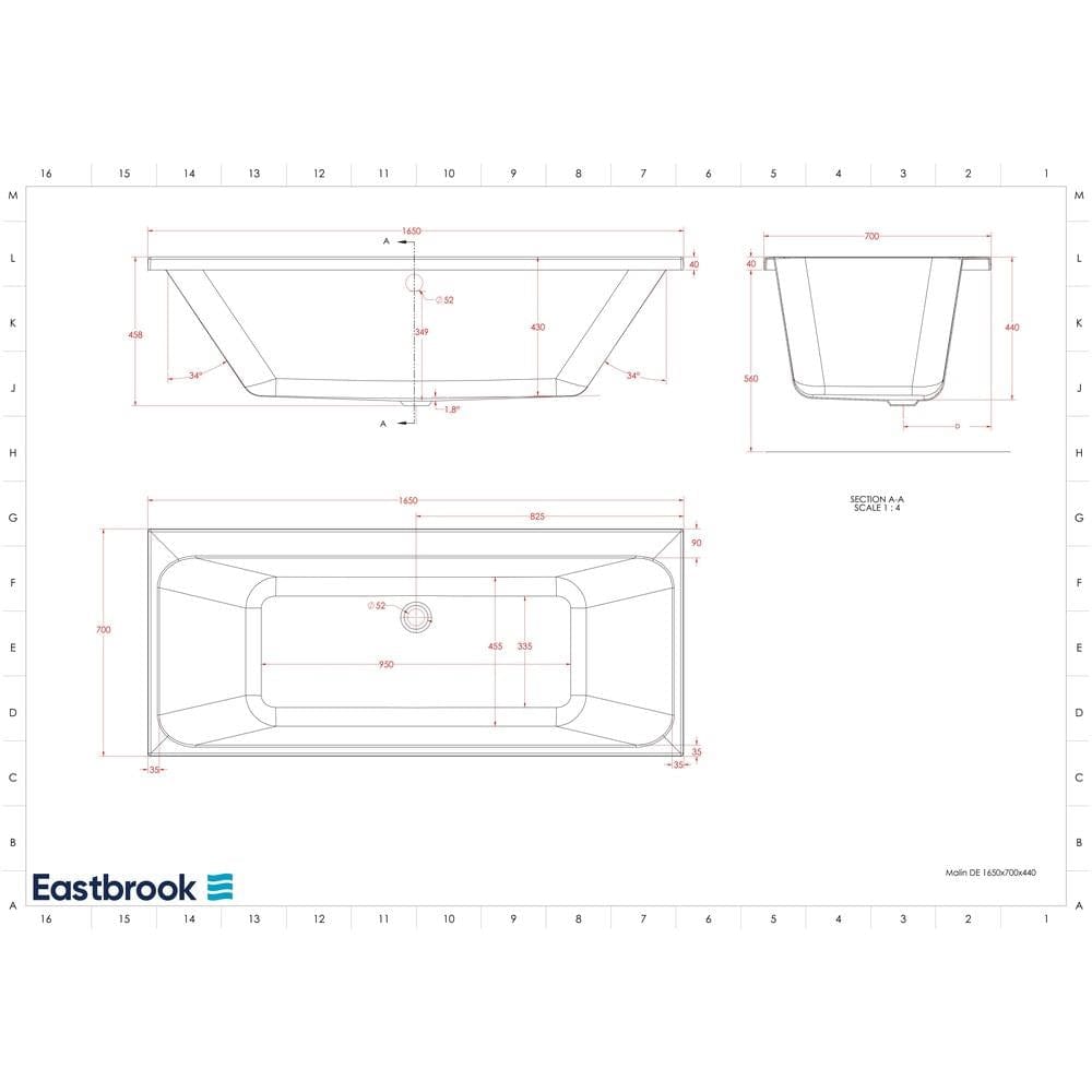 Eastbrook Double Ended Bath 1650 x 700 / Reinforced Eastbrook Malin Double Ended Bath