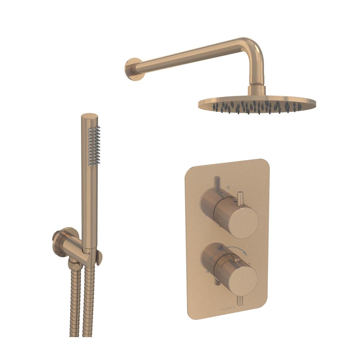 Saneux Concealed Shower Set Brushed Bronze Saneux COS 2 Outlet, 2 Handle Concealed Shower Valve Kit with Pencil Handset and 200mm Shower Head