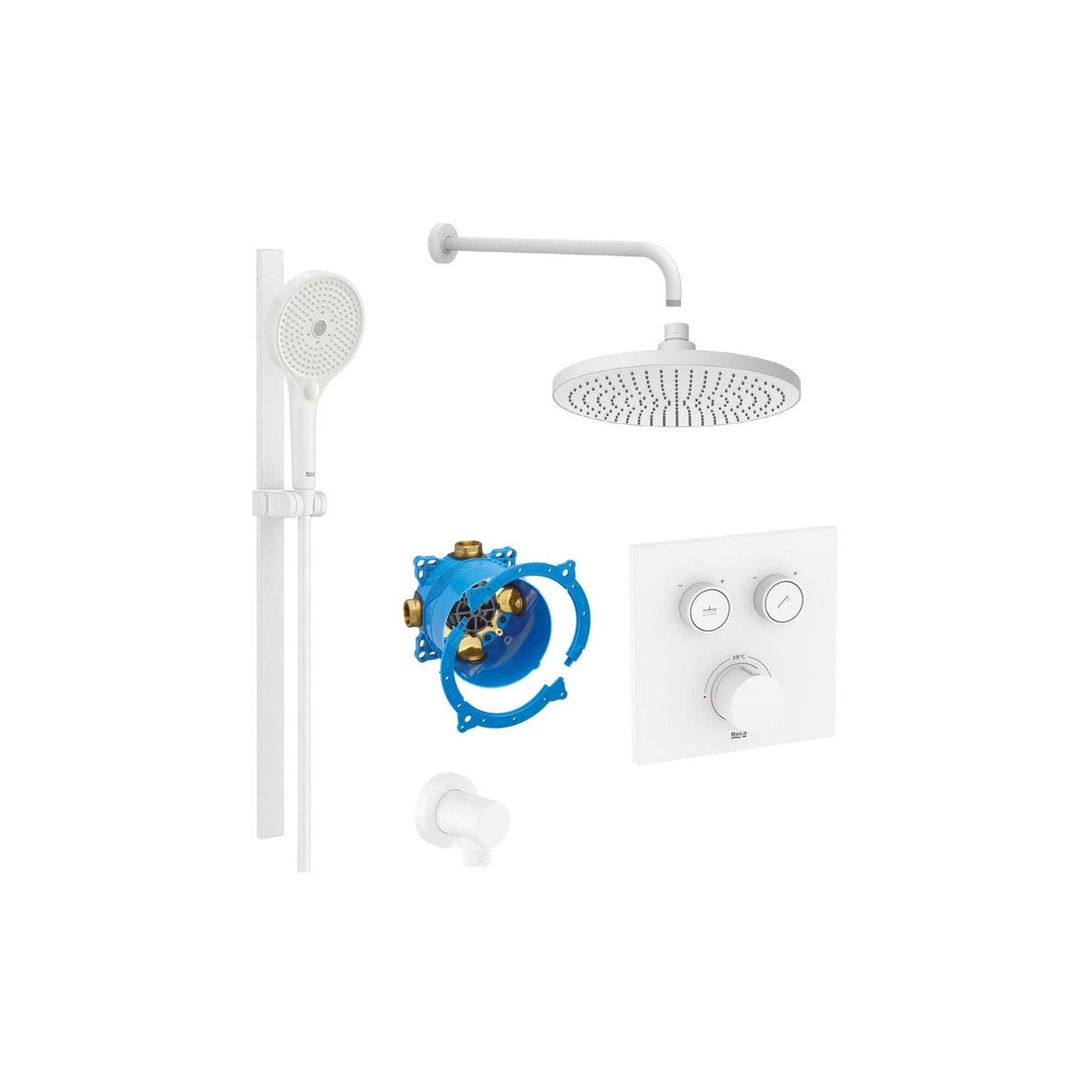 Roca Concealed Shower Set Matt White Roca T-3000 Square Switch Thermostatic Concealed Shower Valve with Rainshower Head, Shower Handset and Slide Rail Set
