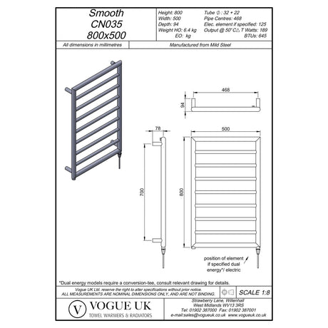 Vogue Designer Towel Radiator 800 x 500 / Dual Fuel Vogue Smooth Straight Vertical Designer Towel Rail in Chrome