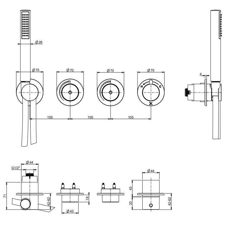 UK Bathroom Store Concealed Shower Set Crosswater Module Plus Push Shower Set 7 - 2 Outlet Tranquil Recessed Shower Head and Pencil Handset