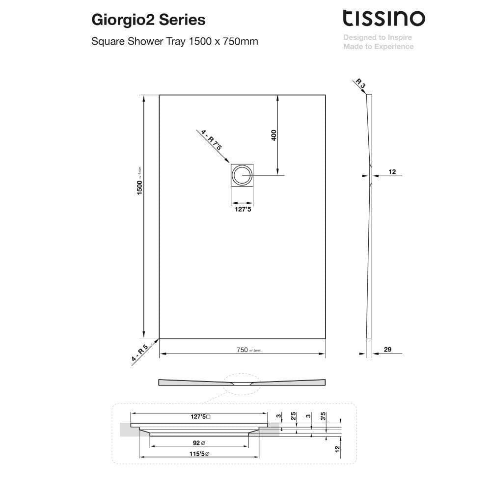 Tissino Rectangle Shower Tray 1500 x 750mm Tissino Giorgio2 Rectangle Shower Tray in Graphite Slate