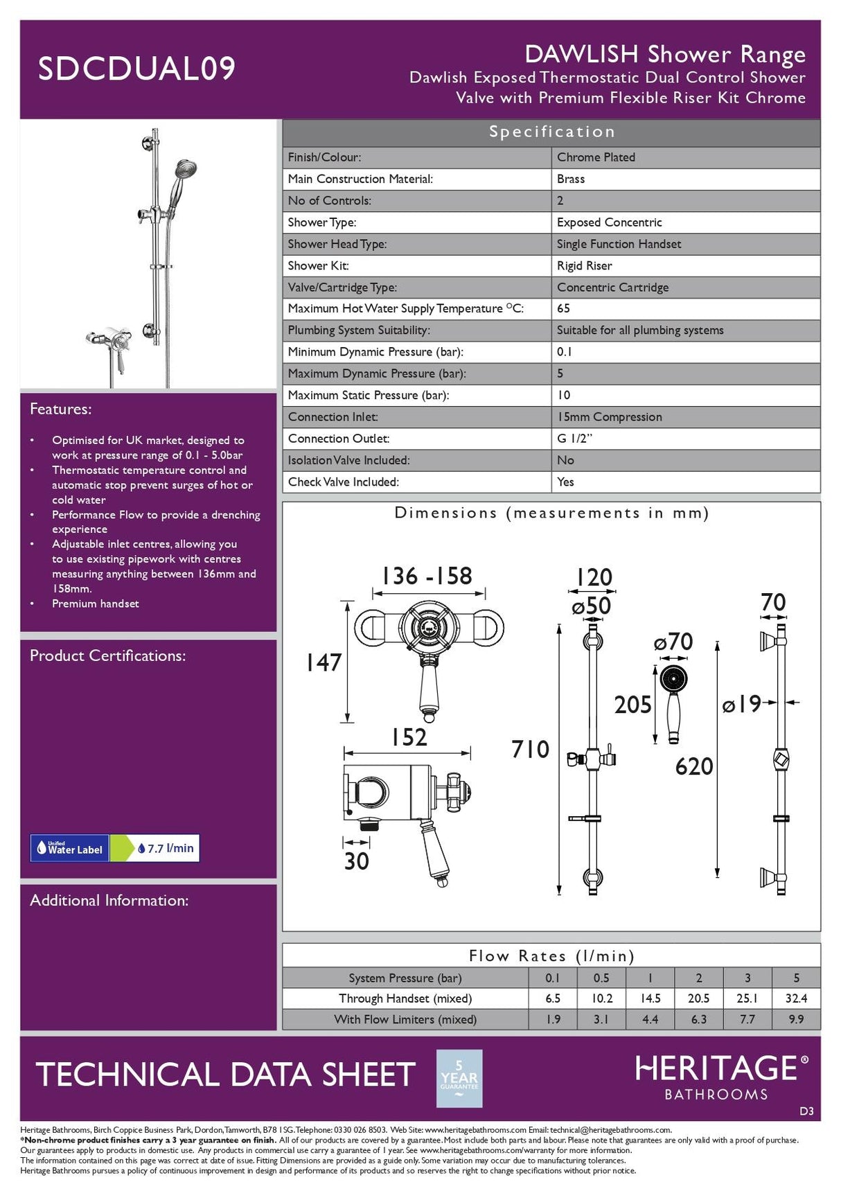 Heritage Dawlish Exposed Shower Valve with Premium Flexible Riser Kit