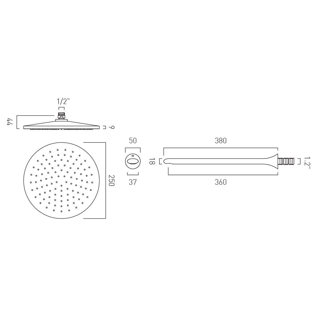 Vado Fixed Shower Head Vado Arrondi 250mm Round Shower Head with Wall Mounted Shower Arm in Chrome