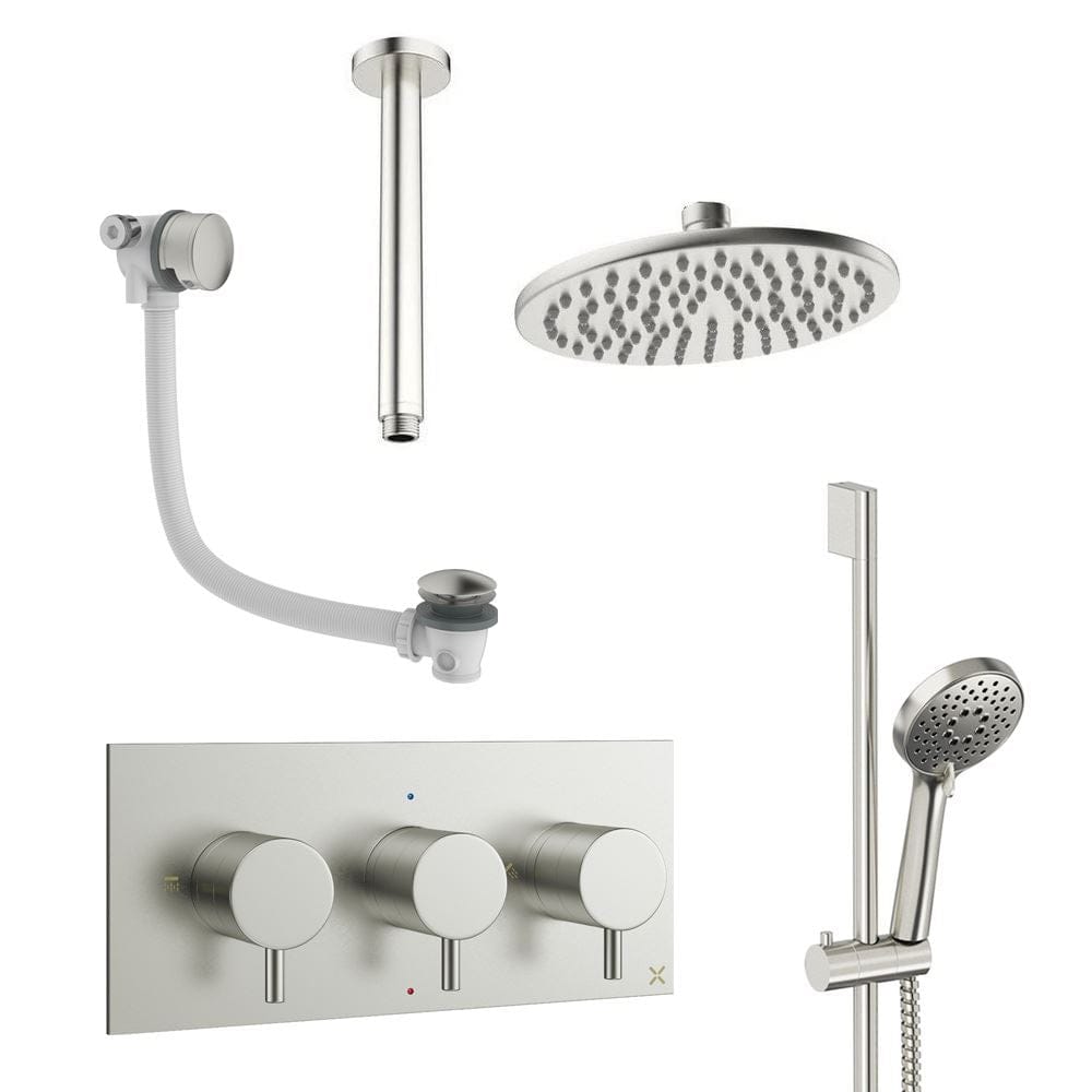 Crosswater Concealed Shower Set Brushed Nickel / Ceiling Arm / 200mm Crosswater Design 3 Handle 3 Outlet Shower Set 9 with Slide Rail Kit, Rainfall Head and Overflow Bath Filler