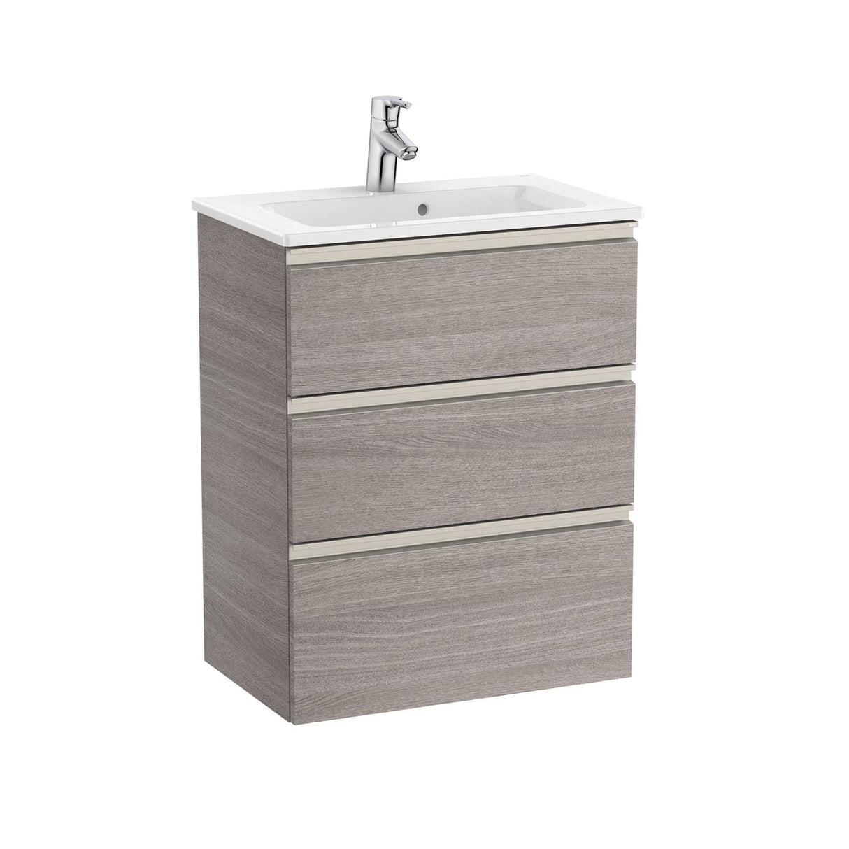 UK Bathroom Store City Oak Roca The Gap Compact Wall Mounted 600mm Three Drawer Vanity Unit with Basin