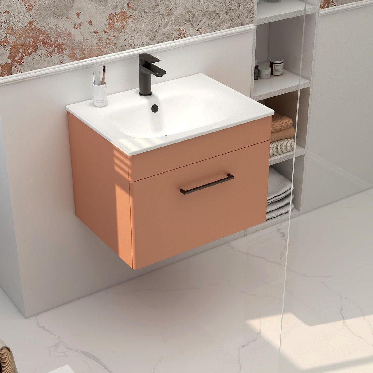 Imex Wall Mounted Vanity Unit Terracotta / White Imex Croma Wall Mounted Single Drawer 600mm Vanity Unit with 1 Tap Hole Basin