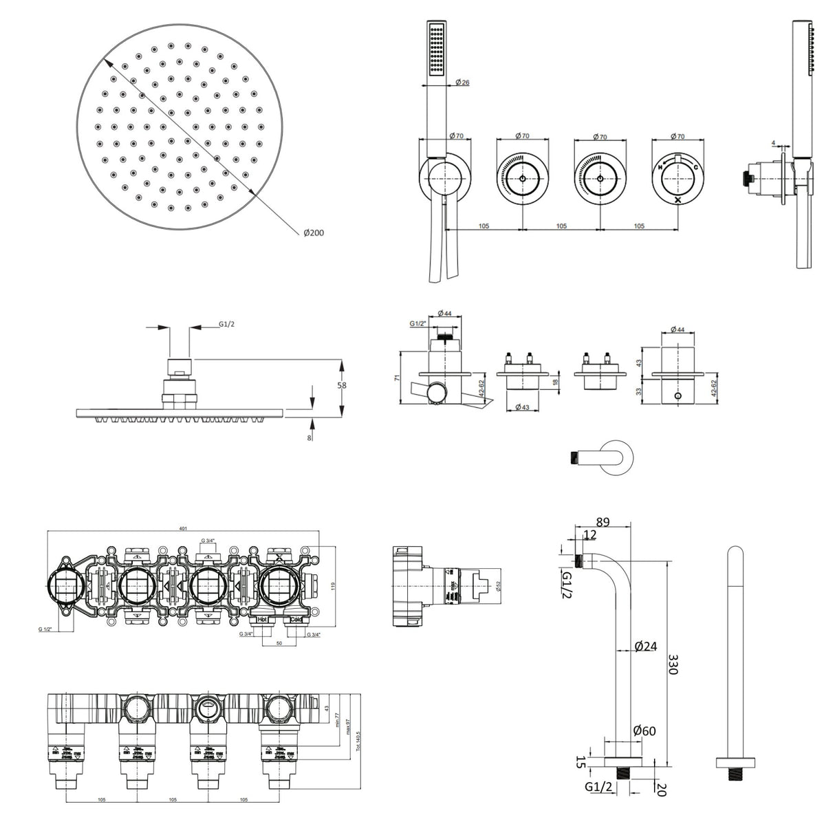 UK Bathroom Store Concealed Shower Set Crosswater Module Shower Set 8 - 2 Outlet with Pencil Handset and Overhead Shower