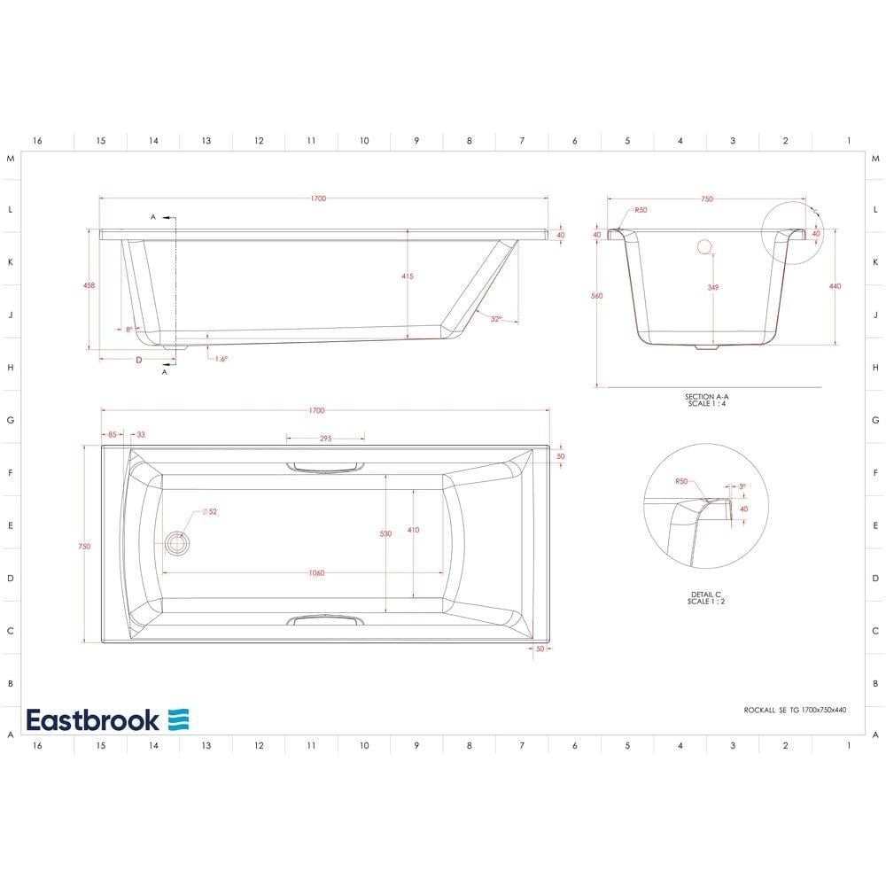 Eastbrook Single Ended Bath 1700 x 750mm / 5mm Eastbrook Rockall Single Ended Bath with Twin Grips